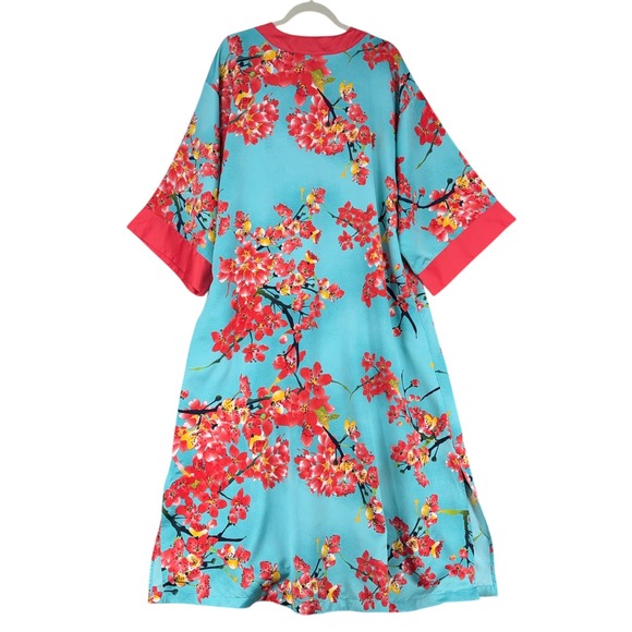 Natori Womens Kimono Robe Blue Floral Print V Neck House Dress Beach Large - Picture 2 of 8